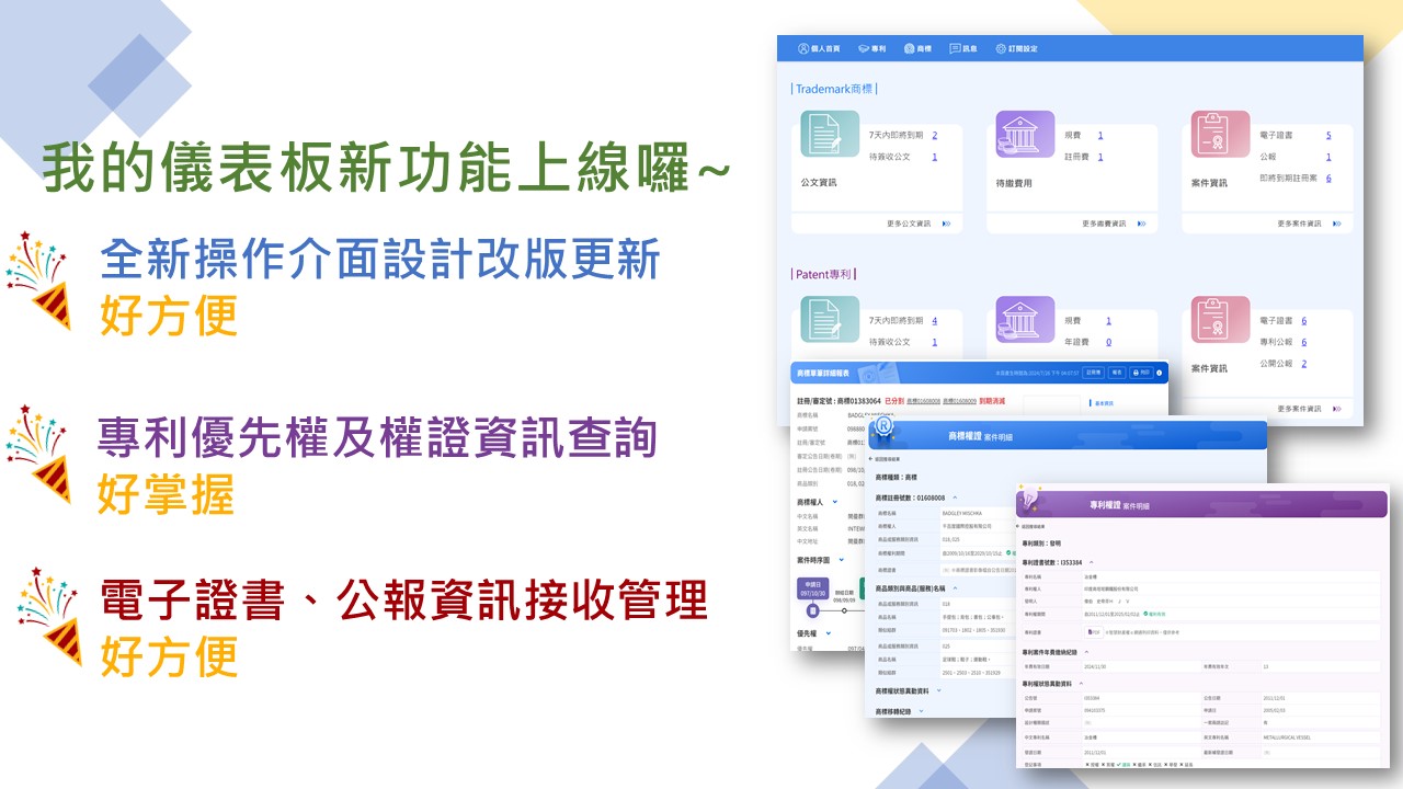 本局智慧財產權e網通「我的儀表板」服務介面自即日起改版更新,並新增專利及商標多項案件資訊下載,歡迎多加利用!