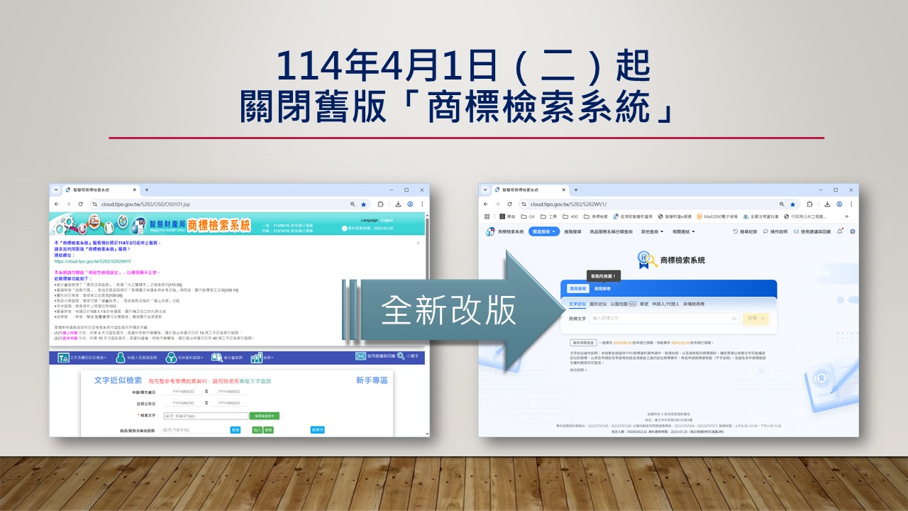 本局舊版「商標檢索系統」將於114年4月1日起終止服務,請改用新版網站進行資訊查詢。